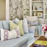 Wesley Sofa featuring clean lines, a structured back, and traditional rolled arms, upholstered in Misty Sky blue fabric with a tailored fringe skirt for a polished and timeless living room silhouette.