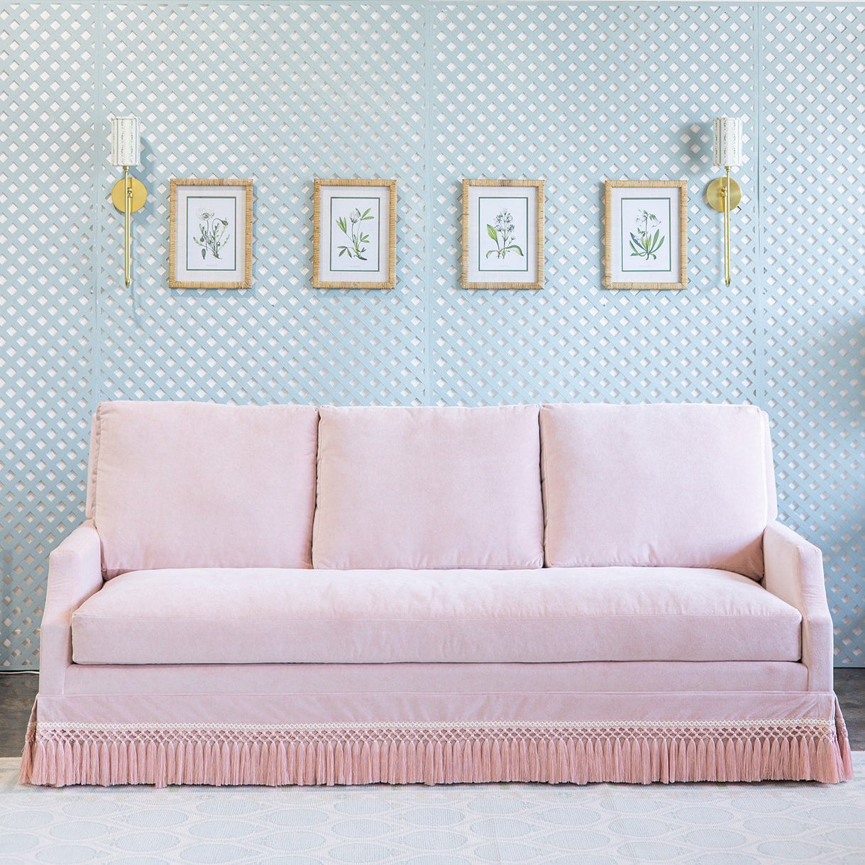 Pink velvet Sofa with fringe skirt