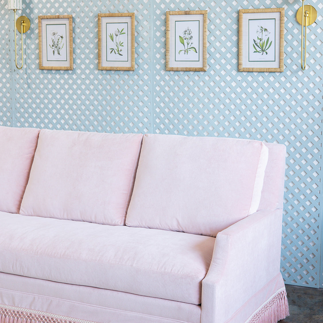 Velvet Pink Sofa with pink fringe 