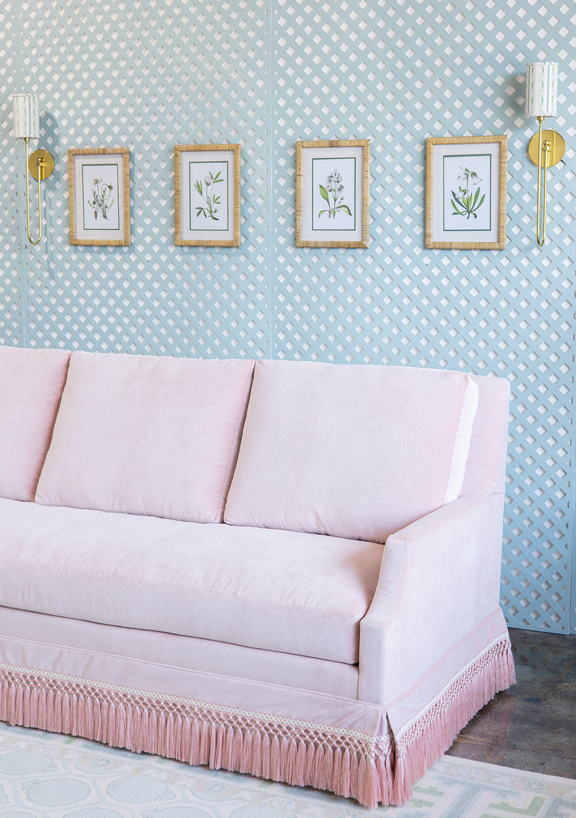 Velvet Pink Sofa with pink fringe 