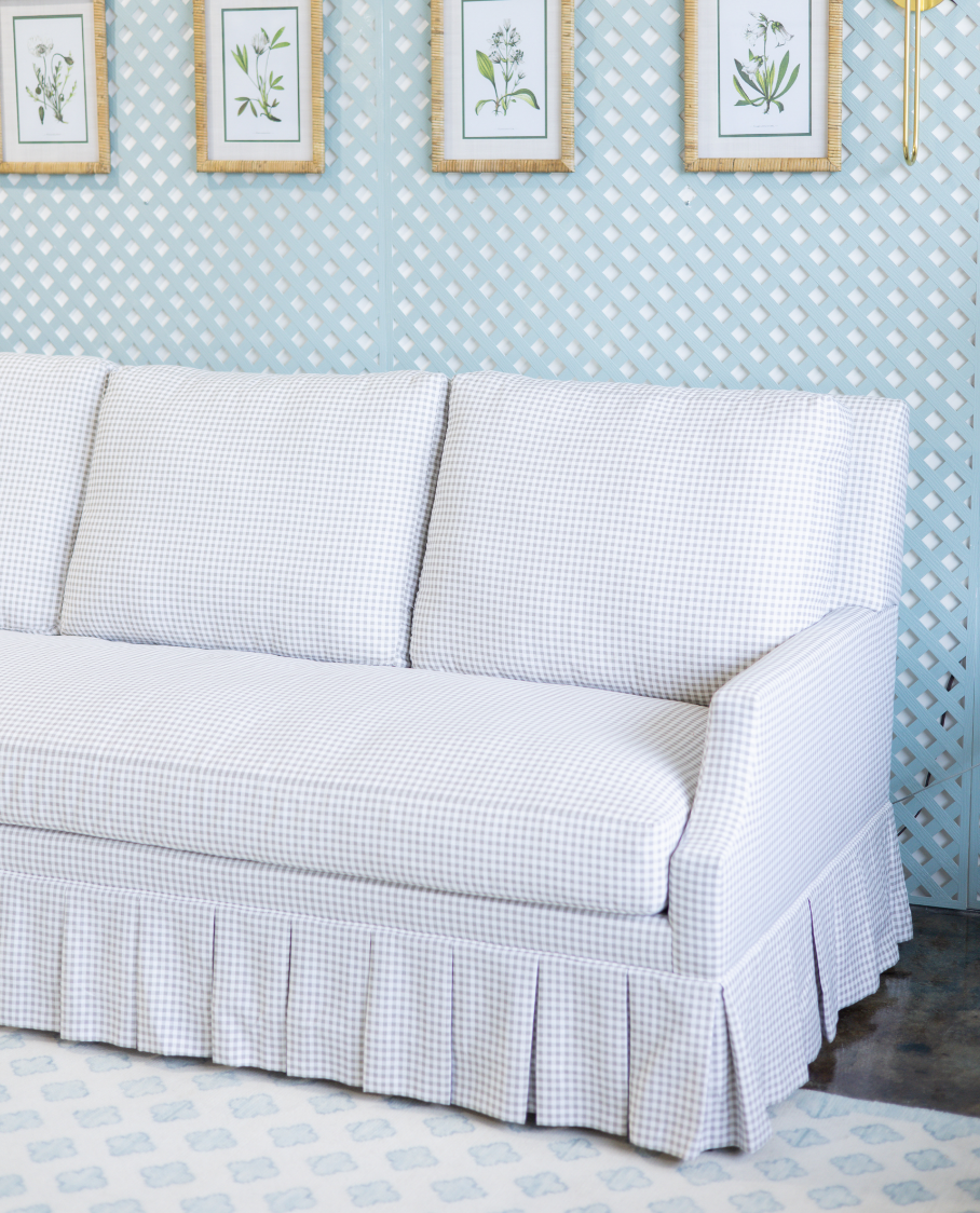 gingham sofa with pleated skirt